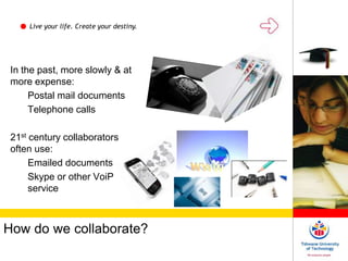 Live your life. Create your destiny.
How do we collaborate?
In the past, more slowly & at
more expense:
Postal mail documents
Telephone calls
21st century collaborators
often use:
Emailed documents
Skype or other VoiP
service
 