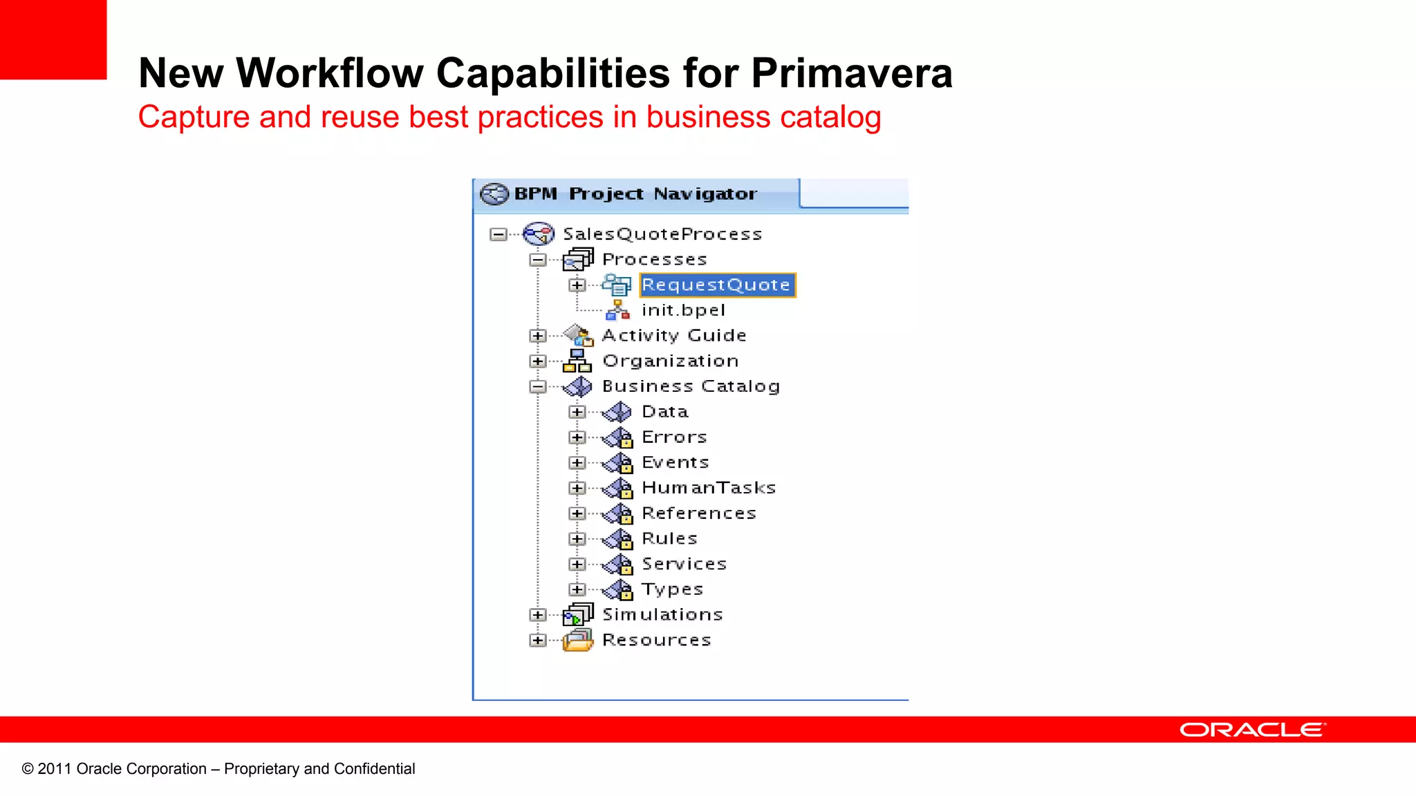© 2011 Oracle Corporation – Proprietary and Confidential
New Workflow Capabilities for Primavera
Capture and reuse best practices in business catalog
 