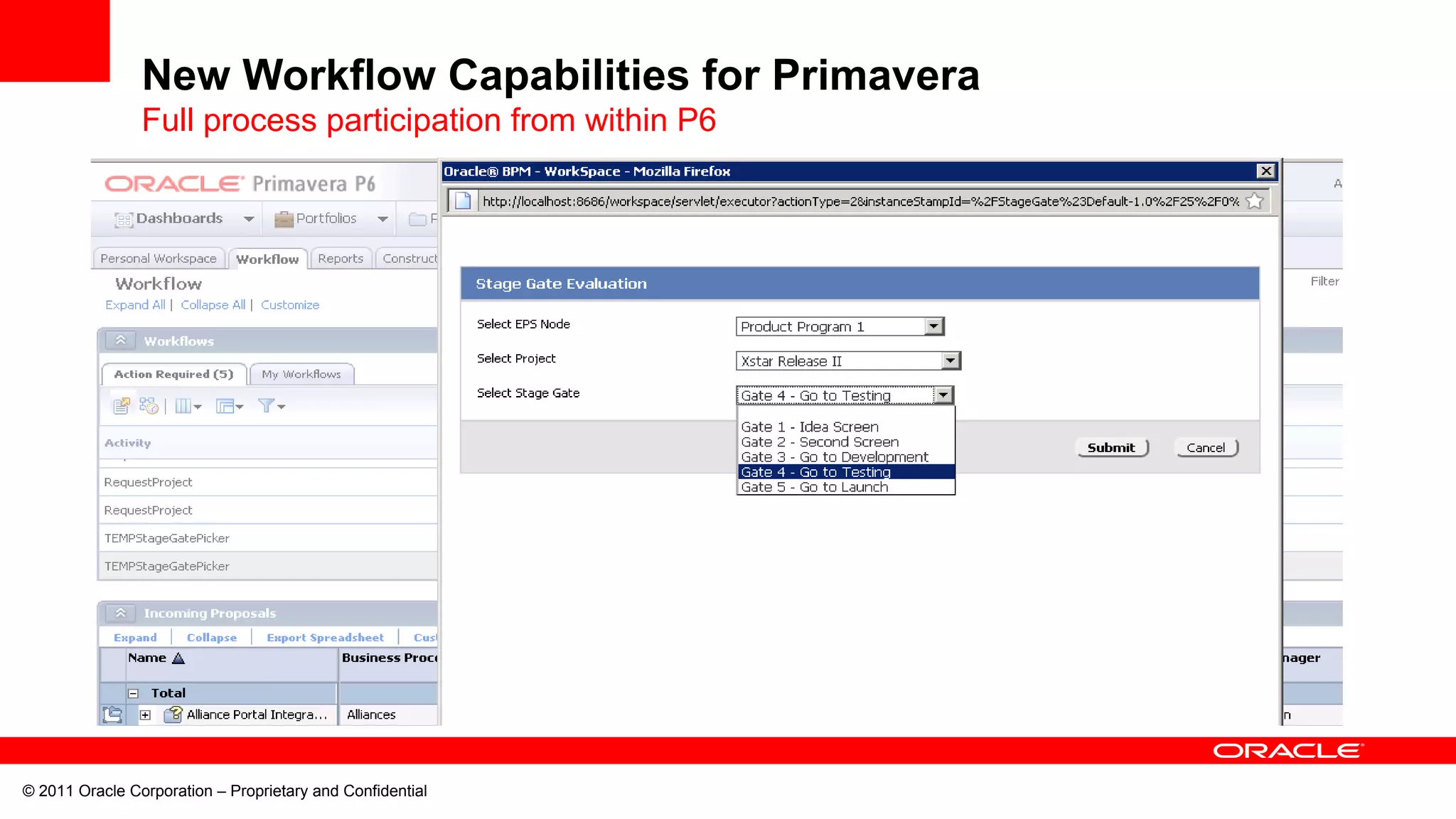 © 2011 Oracle Corporation – Proprietary and Confidential
New Workflow Capabilities for Primavera
Full process participation from within P6
 