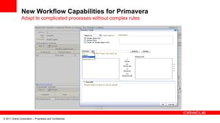 © 2011 Oracle Corporation – Proprietary and Confidential
New Workflow Capabilities for Primavera
Adapt to complicated processes without complex rules
 