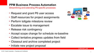 18
© 2011 Oracle Corporation – Proprietary and Confidential
PPM Business Process Automation
Streamlining and extending P6-specific processes
• Request and grant P6 user access
• Staff resources for project assignments
• Perform tollgate milestone review
• Escalate issue to management
• Release risk contingency
• Accept scope change for schedule re-baseline
• Collect tentative progress updates from field
• Closeout and archive completed project
• Initiate new project proposal
 