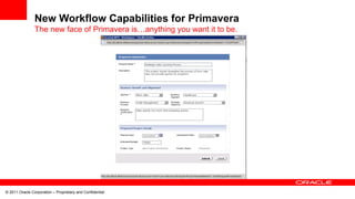 © 2011 Oracle Corporation – Proprietary and Confidential
New Workflow Capabilities for Primavera
The new face of Primavera is…anything you want it to be.
 