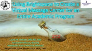 Using Brightspace to Create a
Virtual Message Center for an
Entire Academic Program
Laura M. Schwarz, DNP, RN, CNE
Assistant Professor, Nursing
Minnesota State University, Mankato
Brightspace Ignite Presentation 4/24/2015
 
