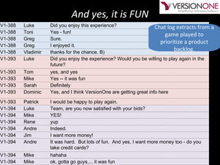 And yes, it is FUN Chat log extracts from a game played to prioritize a product backlog. V1-388 Luke Did you enjoy this experience? V1-388 Toni Yes - fun! V1-388 Greg Sure. V1-388 Greg I enjoyed it. V1-388 Vladimir thanks for the chance. B) V1-393 Luke Did you enjoy the experience? Would you be willing to play again in the future? V1-393 Tom yes, and yes V1-393 Mike Yes -- it was fun V1-393 Sarah Definitely V1-393 Dominic Yes, and I think VersionOne are getting great info here V1-393 Patrick I would be happy to play again. V1-394 Luke Team, are you now satisfied with your bids? V1-394 Mike YES! V1-394 Rene yup V1-394 Andre Indeed. V1-394 Jim I want more money! V1-394 Andre It was hard.  But lots of fun.  And yes, I want more money too - do you take credit cards? V1-394 Mike hahaha V1-394 Mike ok, gotta go guys.... it was fun 