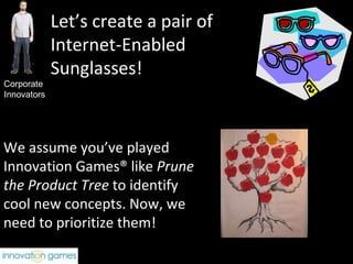 Let’s create a pair of Internet-Enabled Sunglasses! Corporate  Innovators We assume you’ve played Innovation Games® like  Prune the Product Tree  to identify cool new concepts. Now, we need to prioritize them! 