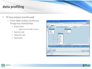 data profiling

• PF key analysis (continued)
    – Cross-table analysis of primary-
      foreign key relationships
            • Expressions
                 – table.column=table.column
            • Row hit rate
            • Value hit rate
            • Selectivity




  PAGE 10
 