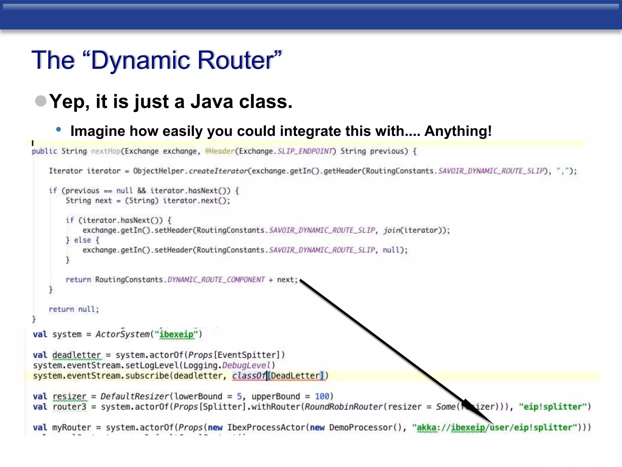 The “Dynamic Router” 
Yep, it is just a Java class. 
• Imagine how easily you could integrate this with.... Anything! 
 