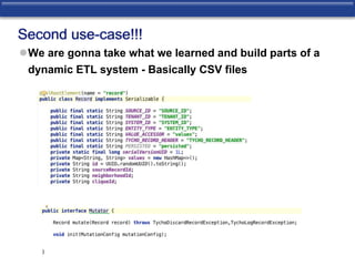 Second use-case!!! 
We are gonna take what we learned and build parts of a 
dynamic ETL system - Basically CSV files 
 