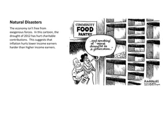 Natural Disasters
The economy isn’t free from
exogenous forces. In this cartoon, the
drought of 2012 has hurt charitable
contributions. This suggests that
inflation hurts lower income earners
harder than higher income earners.
 