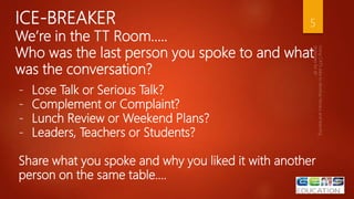 ICE-BREAKER
We’re in the TT Room…..
Who was the last person you spoke to and what
was the conversation?
5
- Lose Talk or Serious Talk?
- Complement or Complaint?
- Lunch Review or Weekend Plans?
- Leaders, Teachers or Students?
Share what you spoke and why you liked it with another
person on the same table….
 