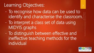 Learning Objectives: 7
- To recognise how data can be used to
identify and characterise the classroom.
- To interpret a class set of data using
MIDYIS graphs
- To distinguish between effective and
ineffective teaching methods for the
individual
 
