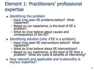 22
22
Element 1: Practitioners’ professional
expertise
 Identifying the problem
– Have I/we seen EE problems before? What
happened?
– Based on our experience, is the level of EE a
problem?
– What do I/we believe about causes and
consequences of low EE?
 Identifying solution (only if EE is a problem)
– Have I/we seen EE interventions before? What
happened?
– What do I/we believe about EE interventions?
– Based on our experience, is the level of EE here a
problem? What are costs & benefits of intervening?
 How relevant and applicable and trustworthy is
my/our expertise?
 