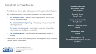 • The U.S. Census Bureau is the federal government’s largest statistical agency.
• We conduct more than 130 censuses and surveys each year, including
- The Decennial Census – the once-a-decade population and housing
count of the United States
- The American Community Survey – the ongoing annual survey of the
nation’s population
- The Census of Governments – identifies the scope and nature of the
nation's state and local government sector
- The Economic Census – the official five-year measure of American
business
• Our mission is to serve as the leading source of quality data about America’s
people, places, and economy.
Decennial Population
and Housing Census
Every 10 years
Economic Census
Every 5 years
Census of Governments
Every 5 years
American Community Survey
Annual
Annual Retail Trade
Annual
Plus more than 130
demographic and economic surveys
every year
About the Census Bureau
 