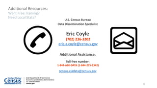 U.S. Census Bureau
Data Dissemination Specialist
Eric Coyle
(702) 236-3202
eric.a.coyle@census.gov
Additional Assistance:
Toll-free number:
1-844-ASK-DATA (1-844-275-2342)
census.askdata@census.gov
Additional Resources:
Want Free Training?
Need Local Stats?
36
 