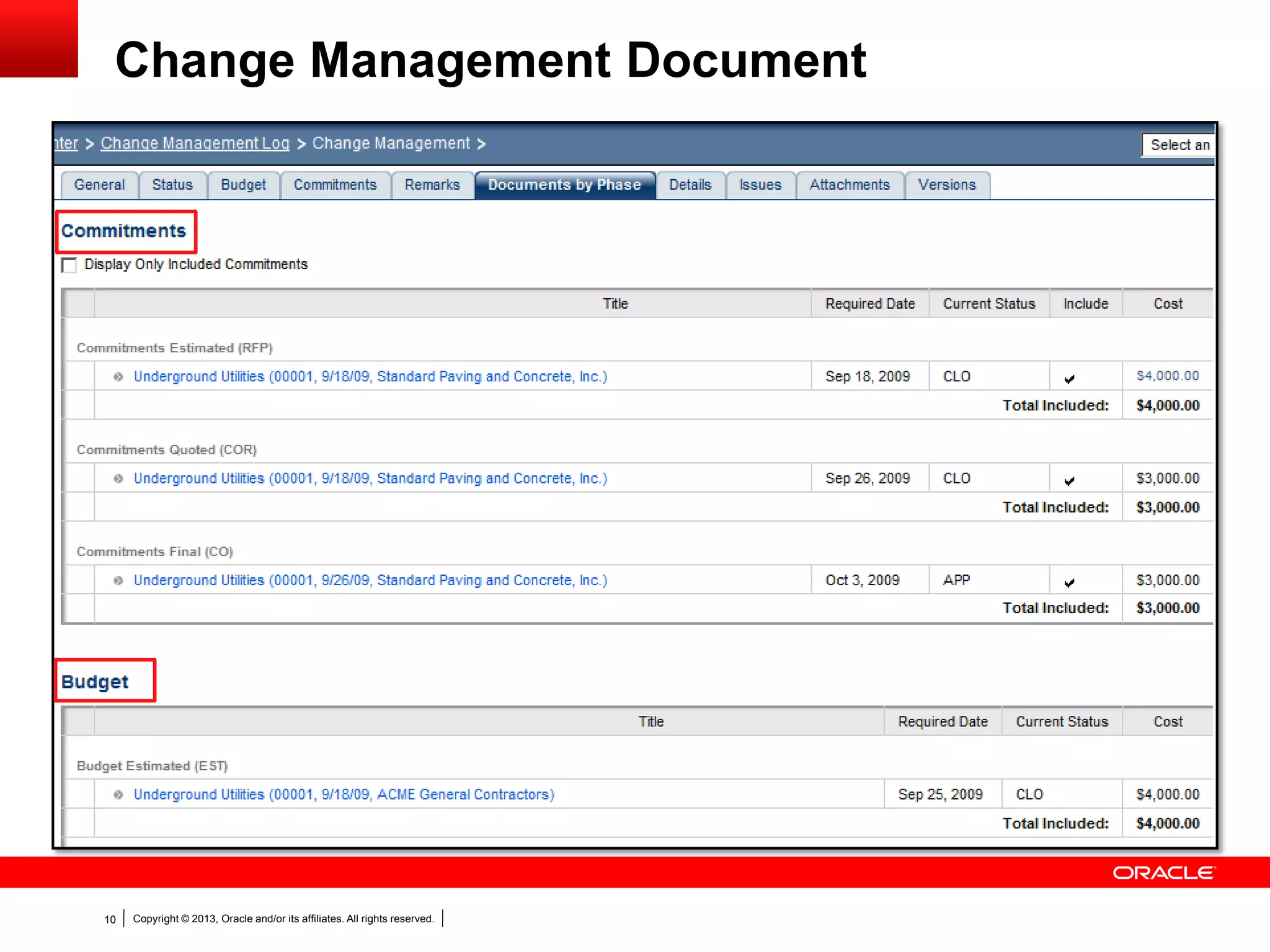 Copyright © 2013, Oracle and/or its affiliates. All rights reserved.10
Change Management Document
 
