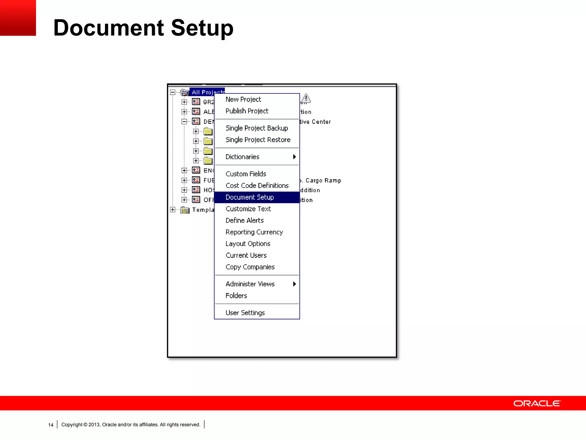 Copyright © 2013, Oracle and/or its affiliates. All rights reserved.14
Document Setup
 