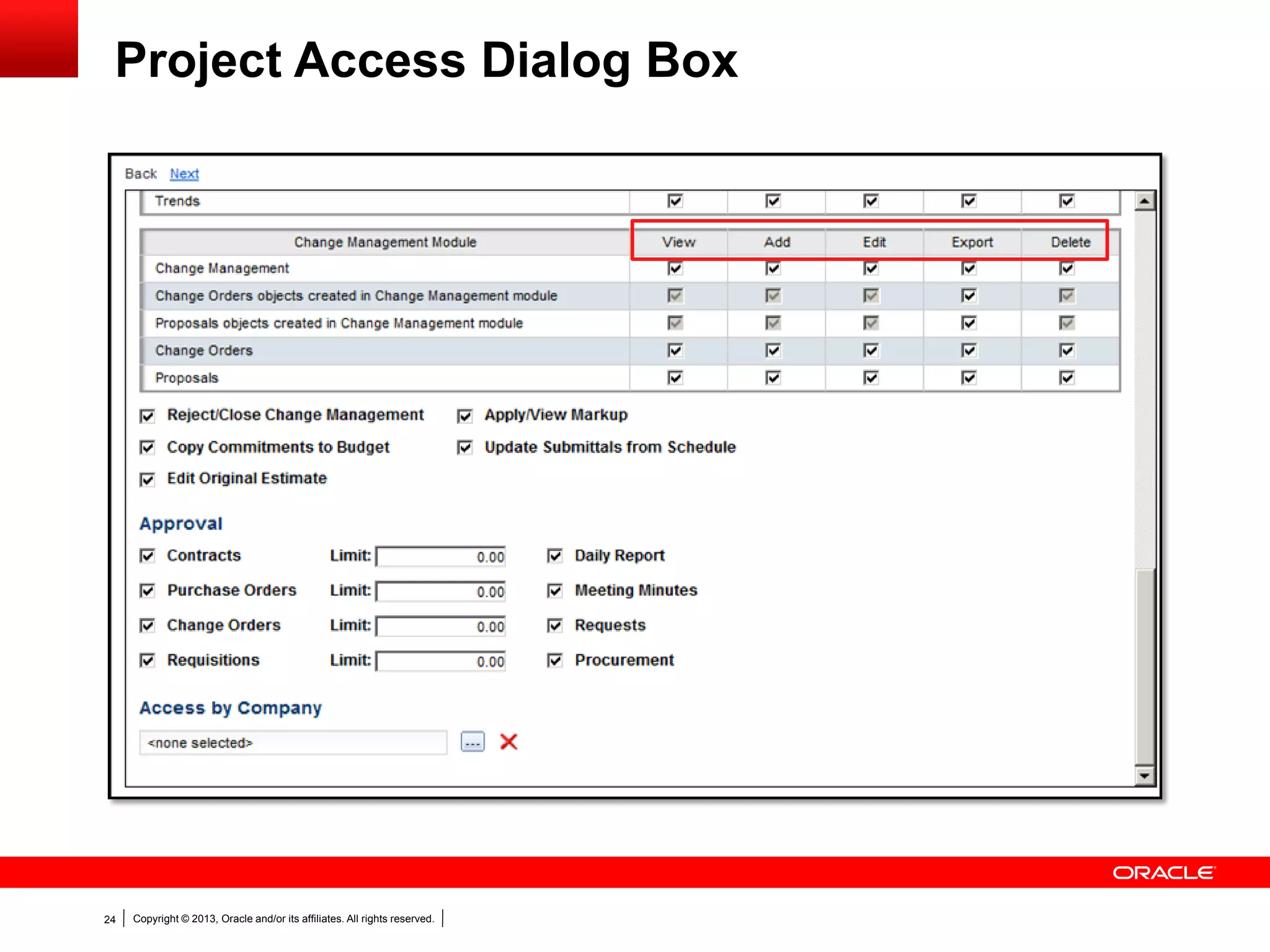 Copyright © 2013, Oracle and/or its affiliates. All rights reserved.24
Project Access Dialog Box
 
