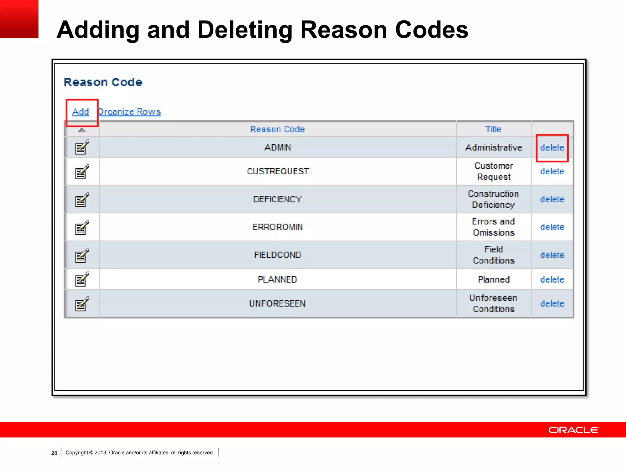 Copyright © 2013, Oracle and/or its affiliates. All rights reserved.28
Adding and Deleting Reason Codes
 