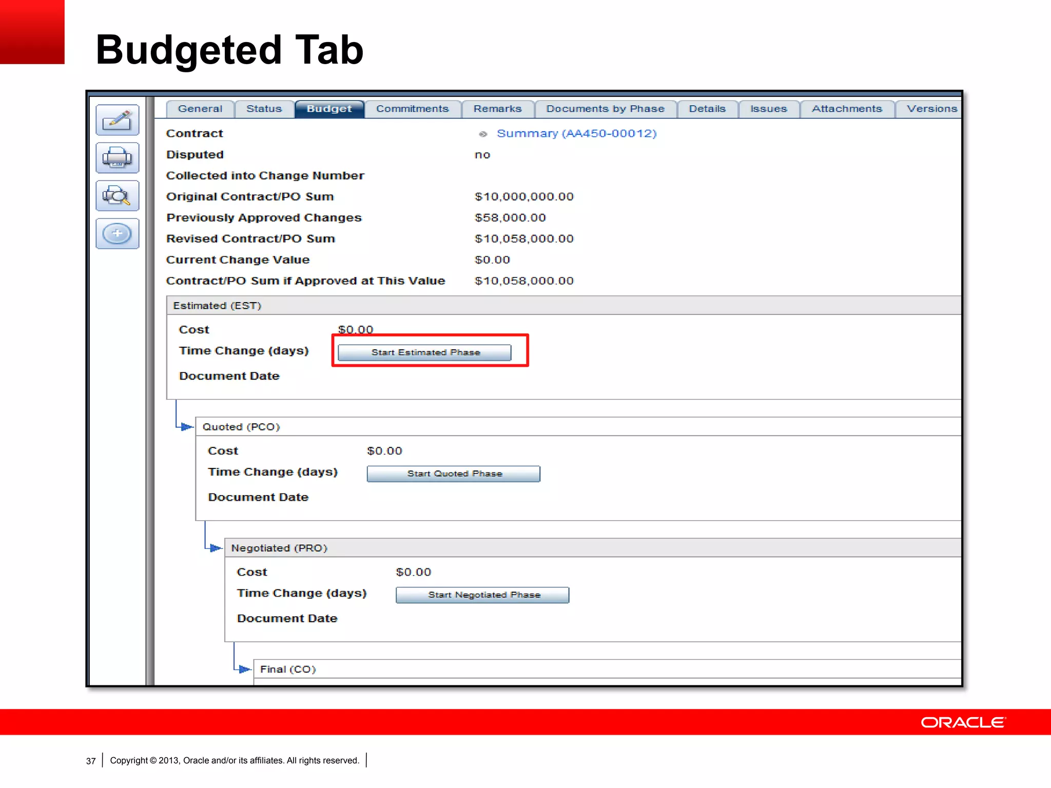 Copyright © 2013, Oracle and/or its affiliates. All rights reserved.37
Budgeted Tab
 