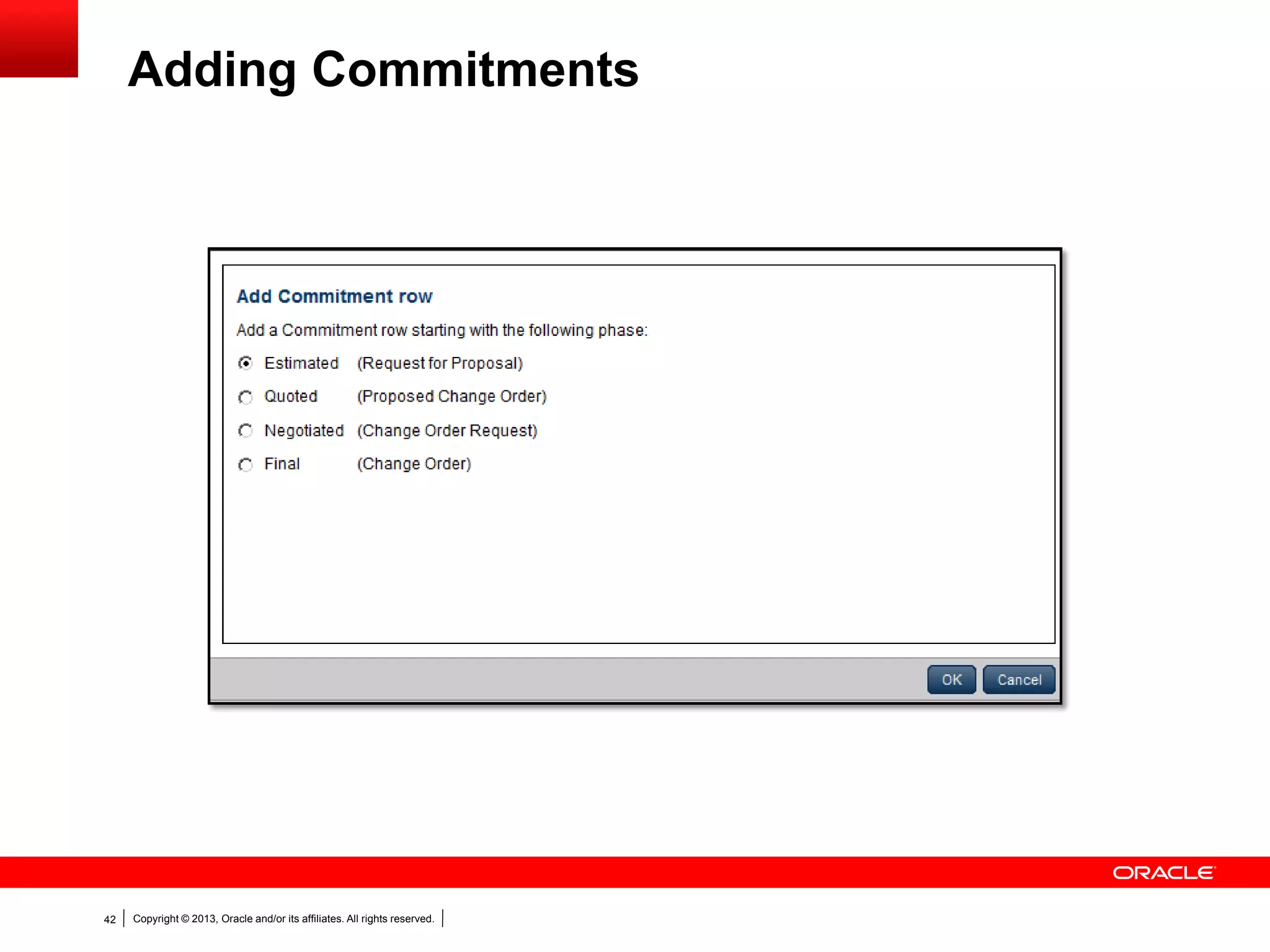 Copyright © 2013, Oracle and/or its affiliates. All rights reserved.42
Adding Commitments
 