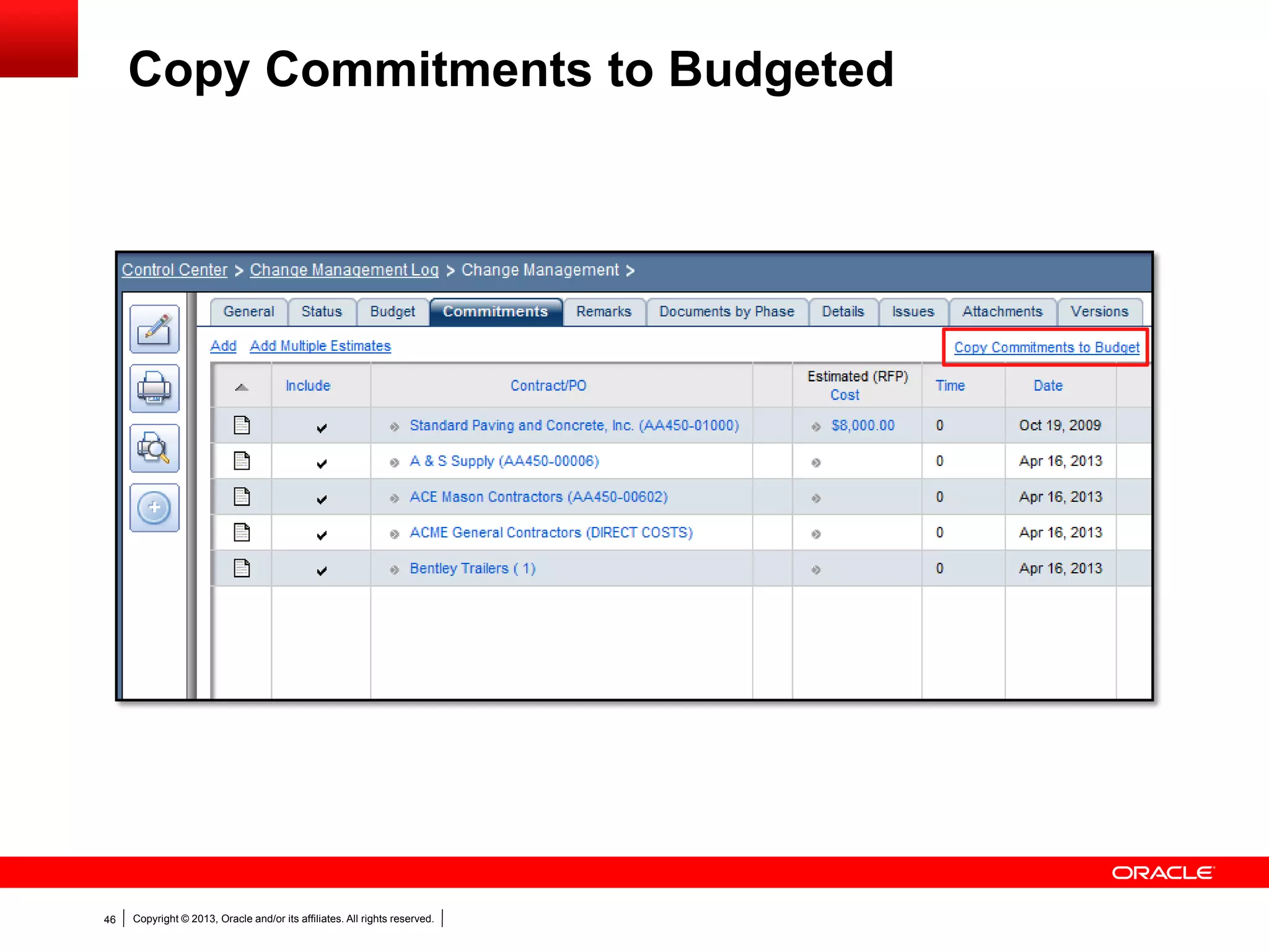 Copyright © 2013, Oracle and/or its affiliates. All rights reserved.46
Copy Commitments to Budgeted
 