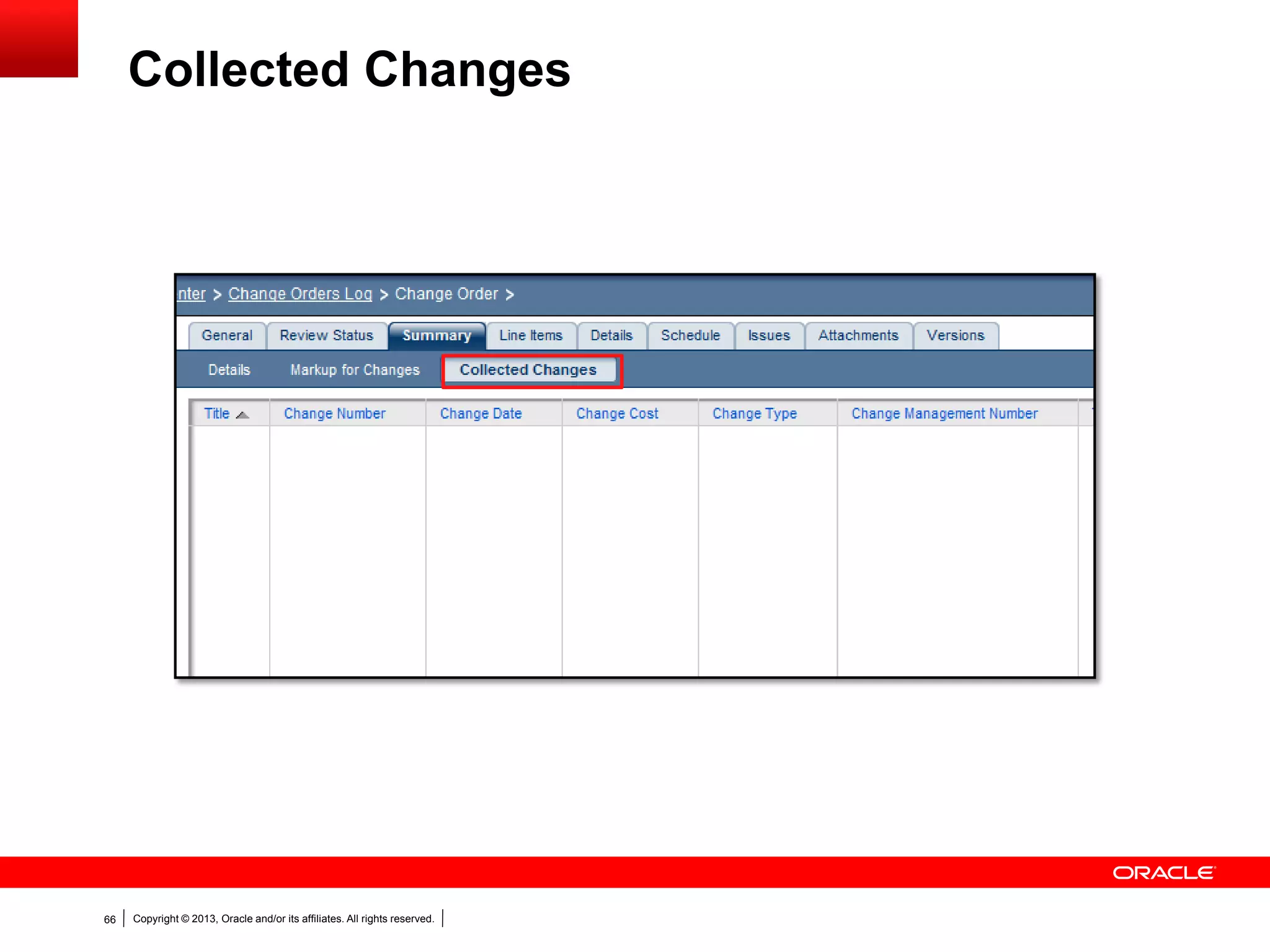 Copyright © 2013, Oracle and/or its affiliates. All rights reserved.66
Collected Changes
 