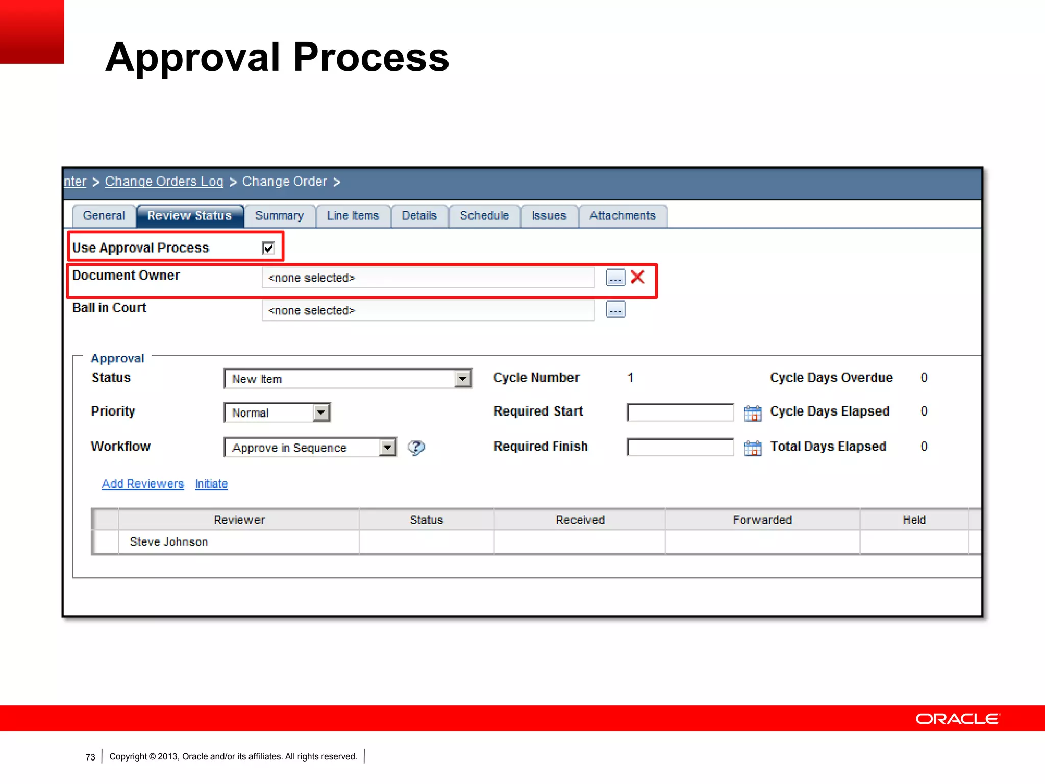 Copyright © 2013, Oracle and/or its affiliates. All rights reserved.73
Approval Process
 