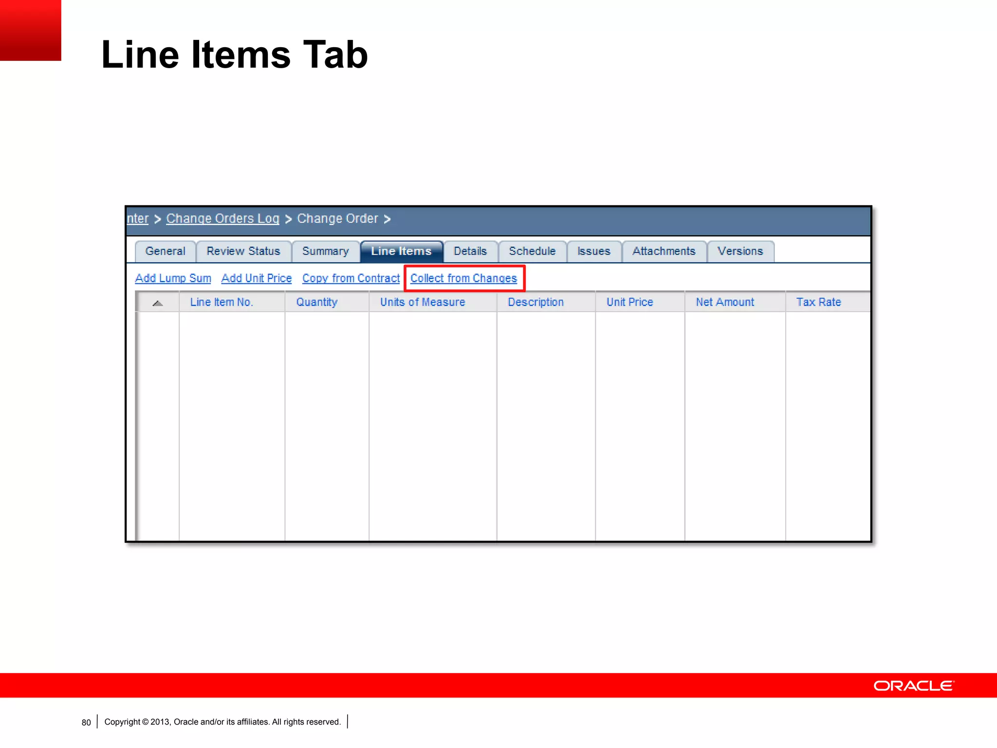 Copyright © 2013, Oracle and/or its affiliates. All rights reserved.80
Line Items Tab
 