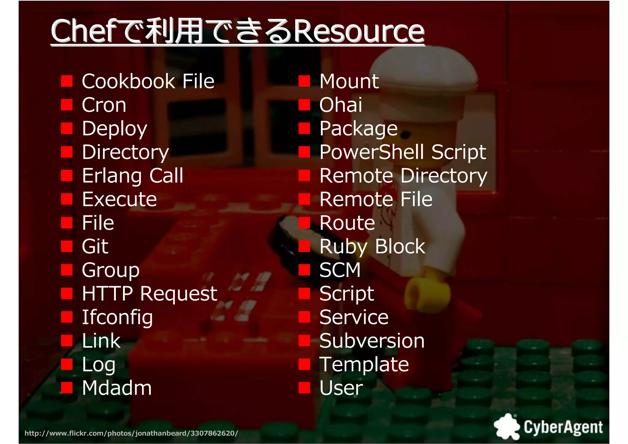 Chefで匏用できるResource
              Cookbook File                              Mount
              Cron                                       Ohai
              Deploy                                     Package
              Directory                                  PowerShell Script
              Erlang Call                                Remote Directory
              Execute                                    Remote File
              File                                       Route
              Git                                        Ruby Block
              Group                                      SCM
              HTTP Request                               Script
              Ifconfig                                   Service
              Link                                       Subversion
              Log                                        Template
              Mdadm                                      User

http://www.flickr.com/photos/jonathanbeard/3307862620/                       27
 