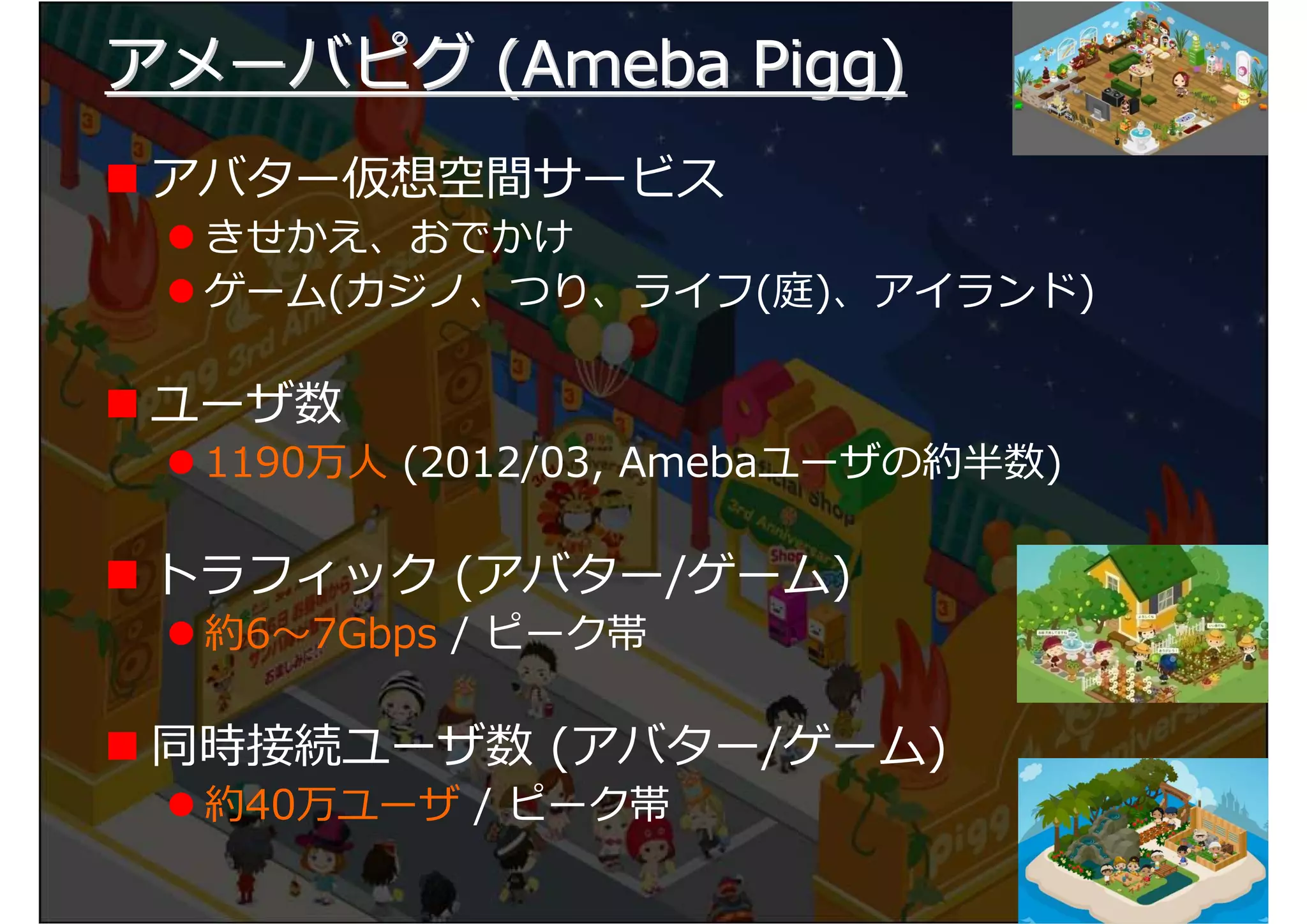 アメーバピグ (Ameba Pigg)
 アバター仮想空間サービス
  きせかえ、おでかけ
  ゲーム(カジノ、つり、ライフ(庭)、アイランド)

 ユーザ数
  1190万人 (2012/03, Amebaユーザの約半数)

 トラフィック (アバター/ゲーム)
  約6 7Gbps / ピーク帯

 同時接続ユーザ数 (アバター/ゲーム)
  約40万ユーザ / ピーク帯

                                   6
 