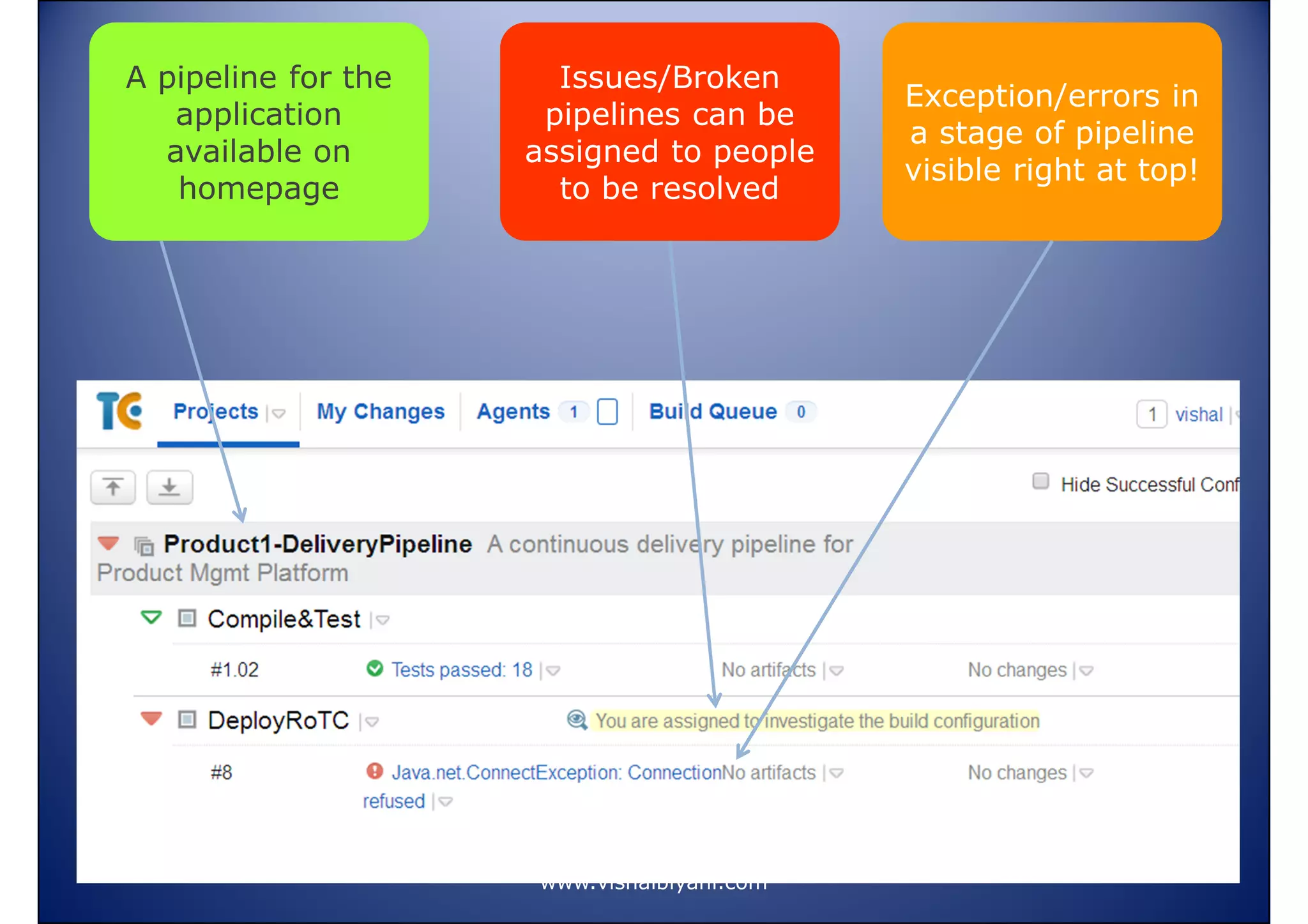 A pipeline for the
application
available on
homepage

Issues/Broken
pipelines can be
assigned to people
to be resolved

www.vishalbiyani.com

Exception/errors in
a stage of pipeline
visible right at top!

 