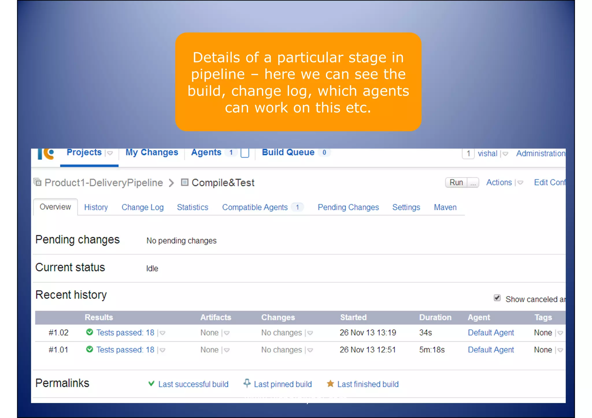 Details of a particular stage in
pipeline – here we can see the
build, change log, which agents
can work on this etc.

www.vishalbiyani.com

 
