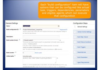 Each “build configuration” item will have
options that can be configured like actual
task, triggers, dependencies, parameters
and eligible agents which can execute
that configuration

www.vishalbiyani.com

 