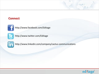 Connect
http://www.facebook.com/Editage
http://www.twitter.com/Editage
http://www.linkedin.com/company/cactus-communications
 