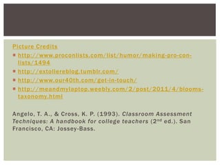 Picture Credits
 http://www.proconlists.com/list/humor/making -pro-con-
  lists/1494
 http://extollereblog.tumblr.com /
 http://www.our40th.com/get -in-touch/
 http://meandmylaptop.weebly.com/2/post/2011/4/blooms -
  taxonomy.html

Angelo, T. A ., & Cross, K. P. (1993). Classroom Assessment
Techniques: A handbook for college teachers (2 nd ed.). San
Francisco, CA: Jossey -Bass.
 