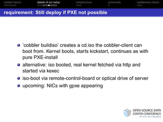 cobbler-basics          details of our setup   infrastructure   community   cobblers/our future



requirement: Still deploy if PXE not possible




                 ’cobbler buildiso’ creates a cd.iso the cobbler-client can
                 boot from. Kernel boots, starts kickstart, continues as with
                 pure PXE-install
                 alternative: iso booted, real kernel fetched via http and
                 started via kexec
                 iso-boot via remote-control-board or optical drive of server
                 upcoming: NICs with gpxe appearing
 