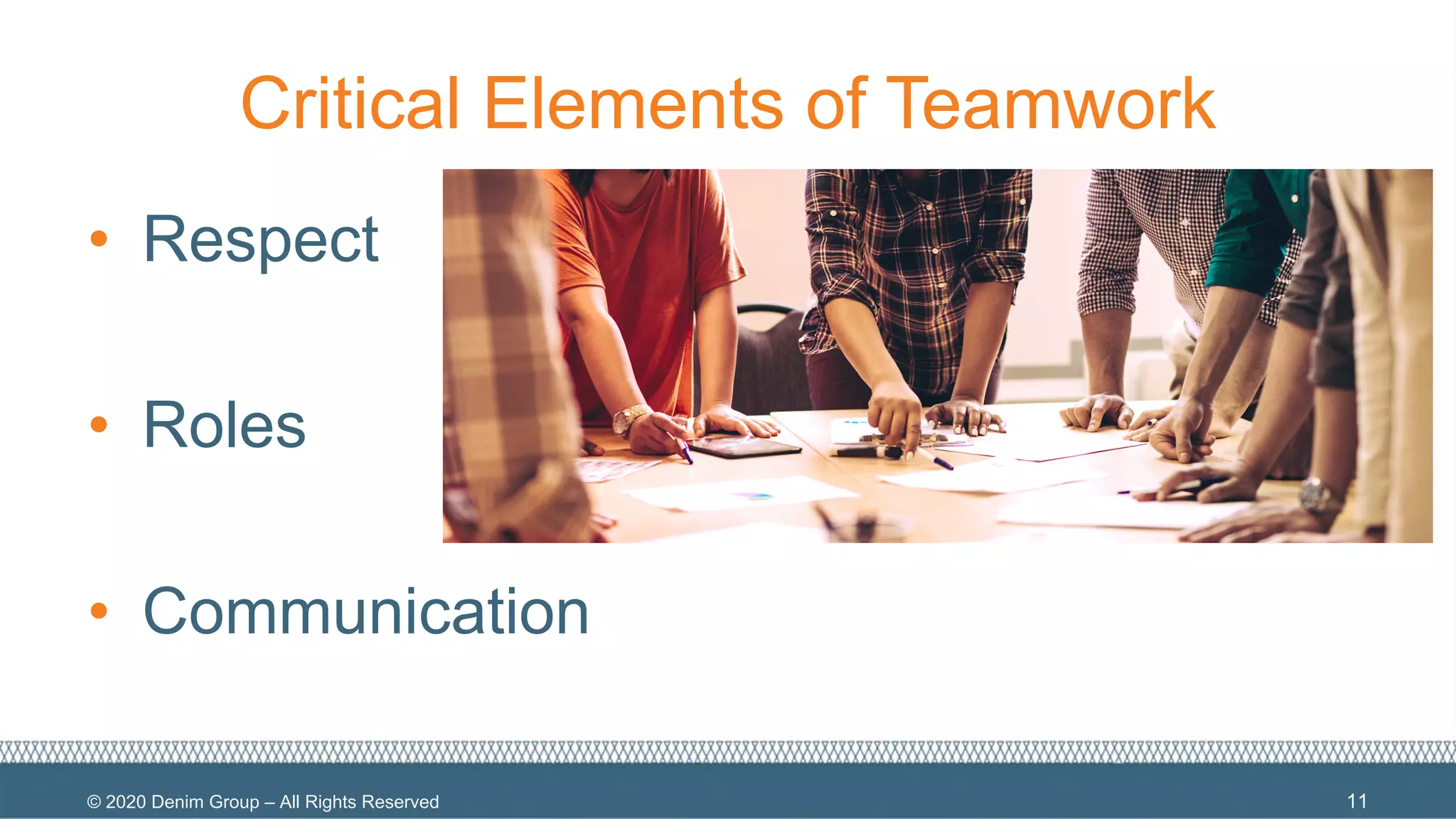 © 2020 Denim Group – All Rights Reserved
Critical Elements of Teamwork
• Respect
• Roles
• Communication
11
 