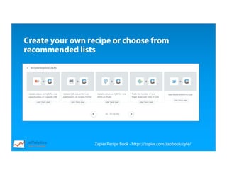 Zapier Recipe Book - https://zapier.com/zapbook/cyfe/
Create your own recipe or choose from
recommended lists
 