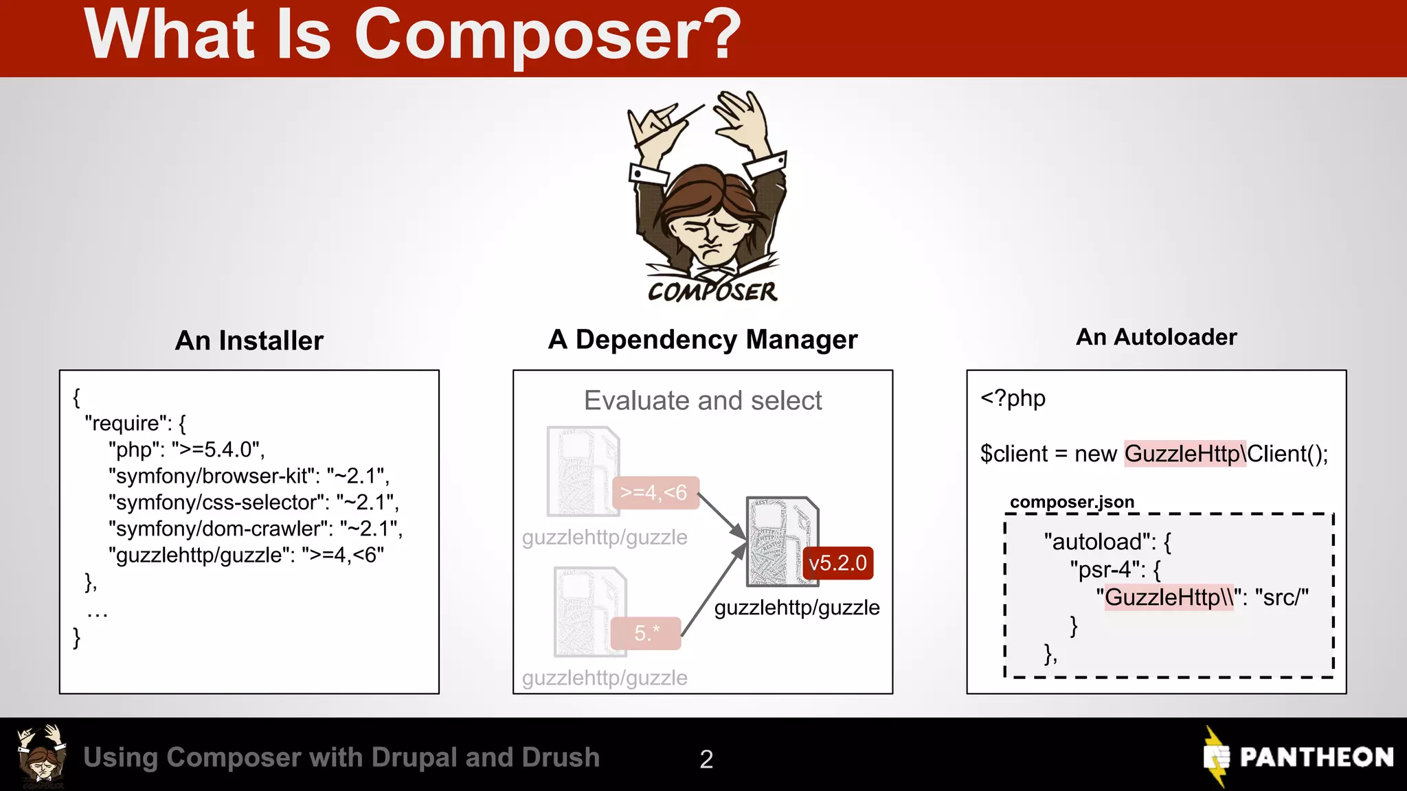 Using Composer with Drupal and DrushUsing Composer with Drupal and Drush What Is Composer? An Installer A Dependency Manager An Autoloader { "require": { "php": ">=5.4.0", "symfony/browser-kit": "~2.1", "symfony/css-selector": "~2.1", "symfony/dom-crawler": "~2.1", "guzzlehttp/guzzle": ">=4,<6" }, … } Evaluate and select <?php $client = new GuzzleHttpClient(); 2 >=4,<6 guzzlehttp/guzzle 5.* guzzlehttp/guzzle v5.2.0 guzzlehttp/guzzle "autoload": { "psr-4": { "GuzzleHttp": "src/" } }, composer.json 