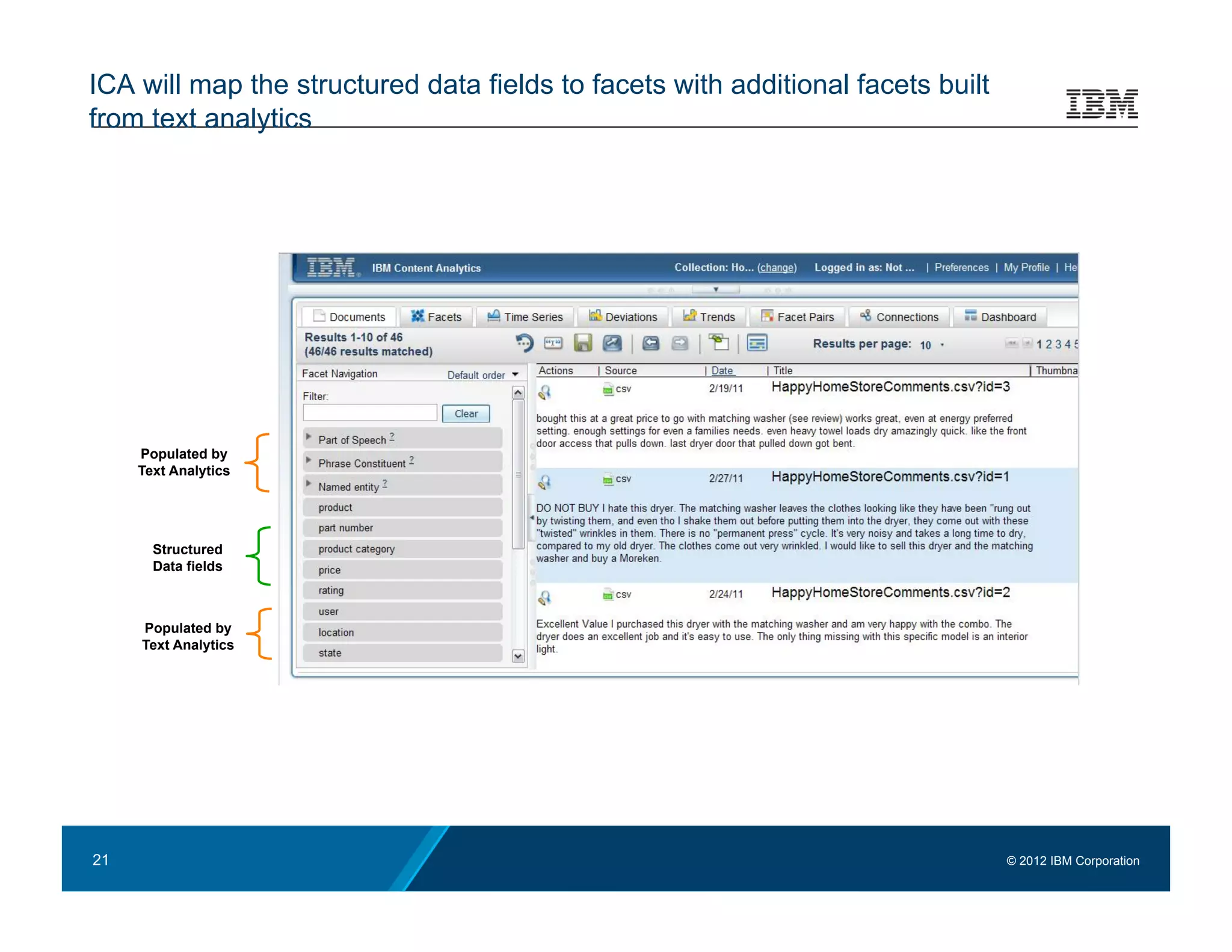 ICA will map the structured data fields to facets with additional facets built
from text analytics




     Populated by
     Text Analytics




       Structured
       Data fields



     Populated by
     Text Analytics




21                                                                               © 2012 IBM Corporation
 