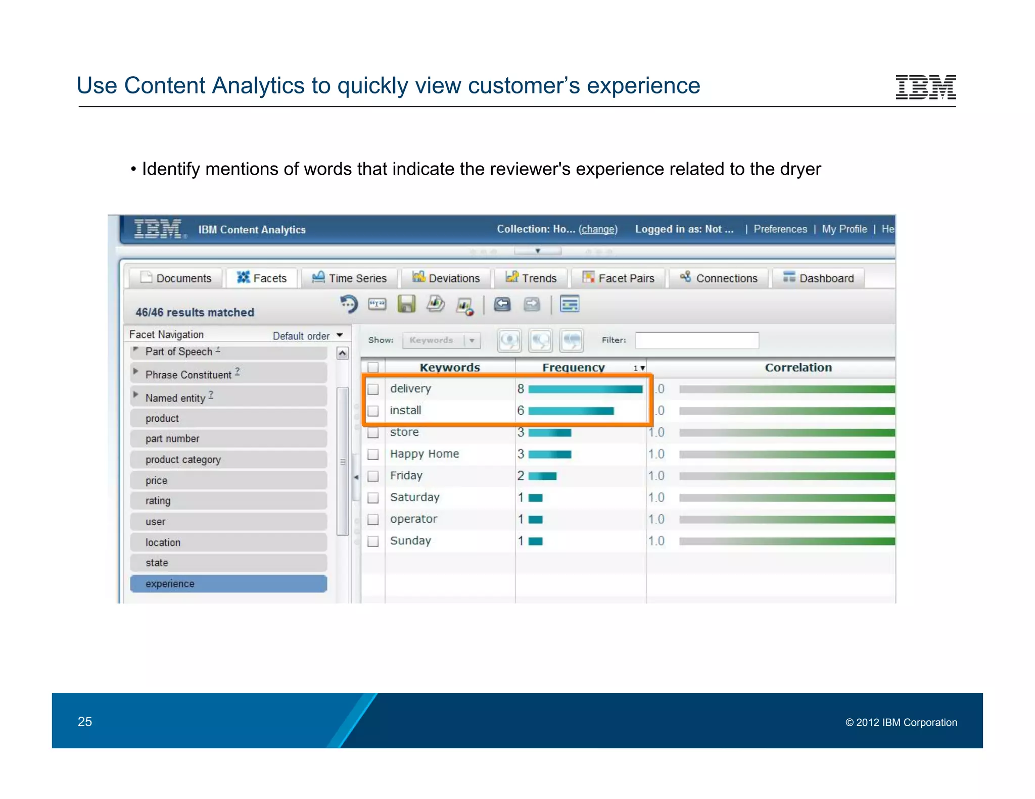 Use Content Analytics to quickly view customer’s experience


     •  Identify mentions of words that indicate the reviewer's experience related to the dryer




25                                                                                                © 2012 IBM Corporation
 