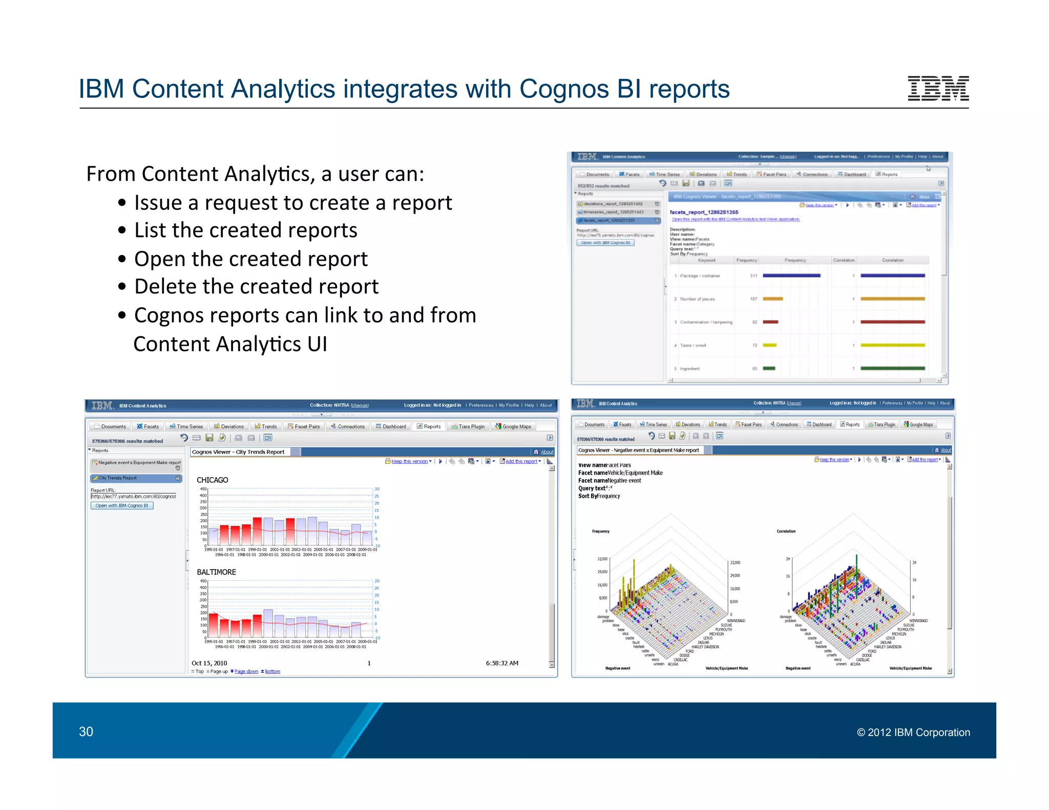 IBM Content Analytics integrates with Cognos BI reports


From	
  Content	
  Analy:cs,	
  a	
  user	
  can:	
  
   •  Issue	
  a	
  request	
  to	
  create	
  a	
  report	
  
   •  List	
  the	
  created	
  reports	
  
   •  Open	
  the	
  created	
  report	
  
   •  Delete	
  the	
  created	
  report	
  
   •  Cognos	
  reports	
  can	
  link	
  to	
  and	
  from	
  
      Content	
  Analy:cs	
  UI	
  




30                                                                © 2012 IBM Corporation
 