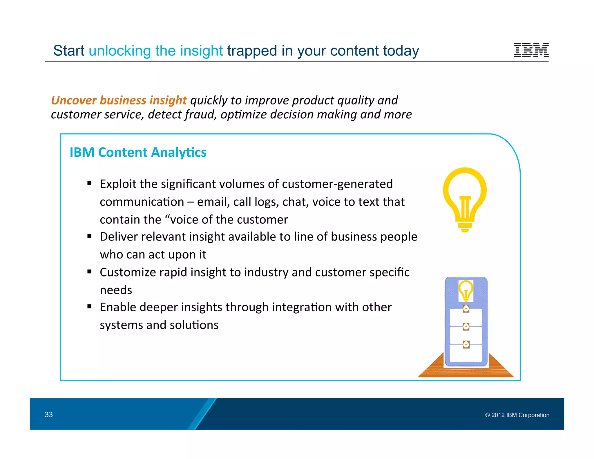 Start unlocking the insight trapped in your content today


 Uncover	
  business	
  insight	
  quickly	
  to	
  improve	
  product	
  quality	
  and	
  
 customer	
  service,	
  detect	
  fraud,	
  op=mize	
  decision	
  making	
  and	
  more	
  …	
  

       IBM	
  Content	
  Analy.cs	
  

            Exploit	
  the	
  signiﬁcant	
  volumes	
  of	
  customer-­‐generated	
  
             communica:on	
  –	
  email,	
  call	
  logs,	
  chat,	
  voice	
  to	
  text	
  that	
  
             contain	
  the	
  “voice	
  of	
  the	
  customer	
  
            Deliver	
  relevant	
  insight	
  available	
  to	
  line	
  of	
  business	
  people	
  
             who	
  can	
  act	
  upon	
  it	
  
            Customize	
  rapid	
  insight	
  to	
  industry	
  and	
  customer	
  speciﬁc	
  
             needs	
  
            Enable	
  deeper	
  insights	
  through	
  integra:on	
  with	
  other	
  
             systems	
  and	
  solu:ons	
  




33                                                                                                       © 2012 IBM Corporation
 