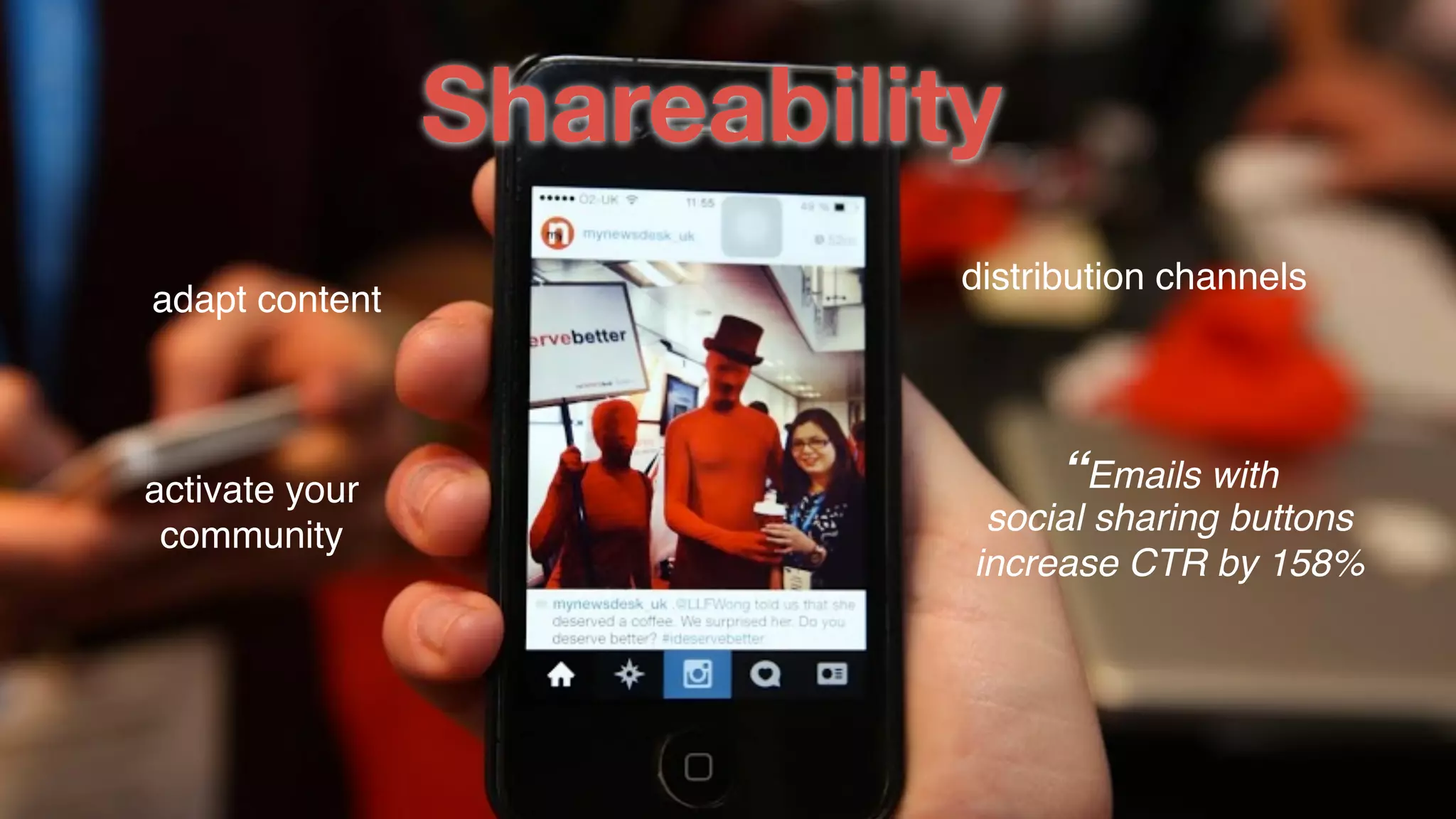 Shareability
distribution channels
adapt content
“Emails with !
social sharing buttons !
increase CTR by 158%
activate your!
community
 