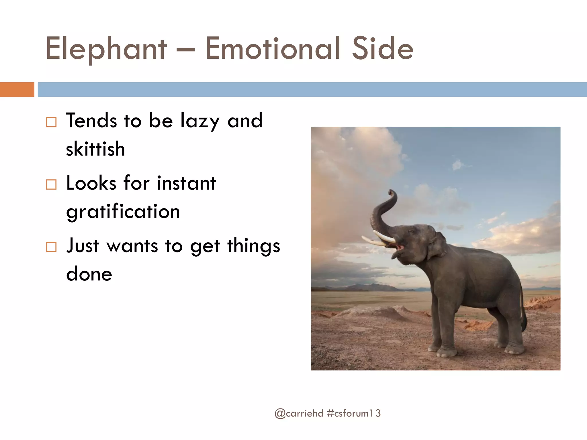 Elephant – Emotional Side
 Tends to be lazy and
skittish
 Looks for instant
gratification
 Just wants to get things
done
@carriehd #csforum13
 