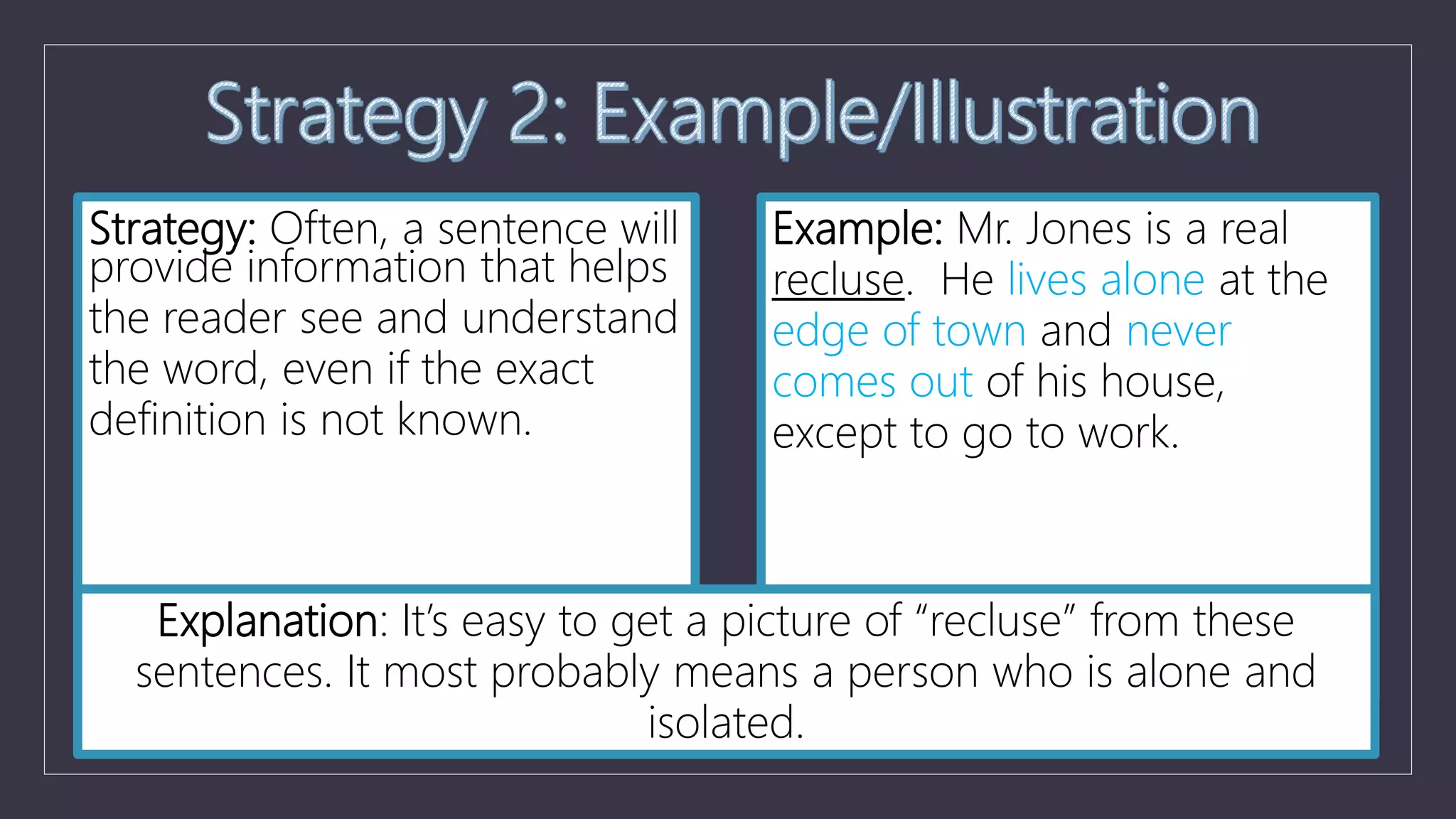 Strategy: Often, a sentence will
provide information that helps
the reader see and understand
the word, even if the exact
definition is not known.
Example: Mr. Jones is a real
recluse. He lives alone at the
edge of town and never
comes out of his house,
except to go to work.
Explanation: It’s easy to get a picture of “recluse” from these
sentences. It most probably means a person who is alone and
isolated.
 