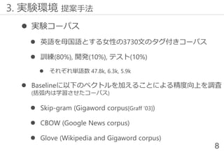 ⚫ 実験コーパス
⚫ 英語を母国語とする女性の3730文のタグ付きコーパス
⚫ 訓練(80%), 開発(10%), テスト(10%)
⚫ それぞれ単語数 47.8k, 6.3k, 5.9k
⚫ Baselineに以下のベクトルを加えることによる精度向上を調査
(括弧内は学習させたコーパス)
⚫ Skip-gram (Gigaword corpus[Graff ‘03])
⚫ CBOW (Google News corpus)
⚫ Glove (Wikipedia and Gigaword corpus)
8
3. 実験環境 提案手法
 