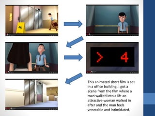 This animated short film is set
in a office building, I got a
scene from the film where a
man walked into a lift an
attractive woman walked in
after and the man feels
venerable and intimidated.
 