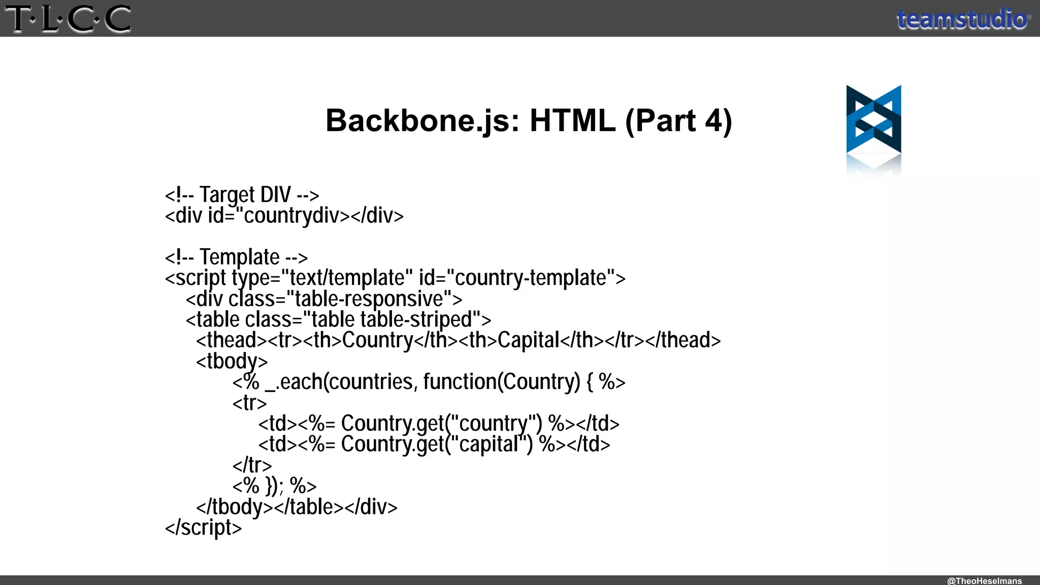@TheoHeselmans
Backbone.js: HTML (Part 4)
<!-- Target DIV -->
<div id="countrydiv></div>
<!-- Template -->
<script type="text/template" id="country-template">
<div class="table-responsive">
<table class="table table-striped">
<thead><tr><th>Country</th><th>Capital</th></tr></thead>
<tbody>
<% _.each(countries, function(Country) { %>
<tr>
<td><%= Country.get("country") %></td>
<td><%= Country.get("capital") %></td>
</tr>
<% }); %>
</tbody></table></div>
</script>
 
