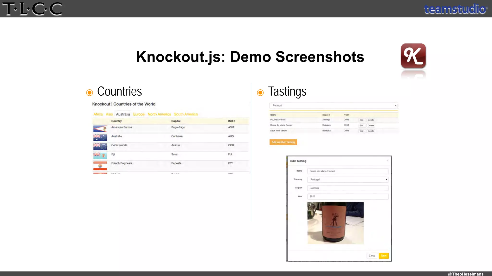 @TheoHeselmans
Knockout.js: Demo Screenshots
๏ Countries ๏ Tastings
 